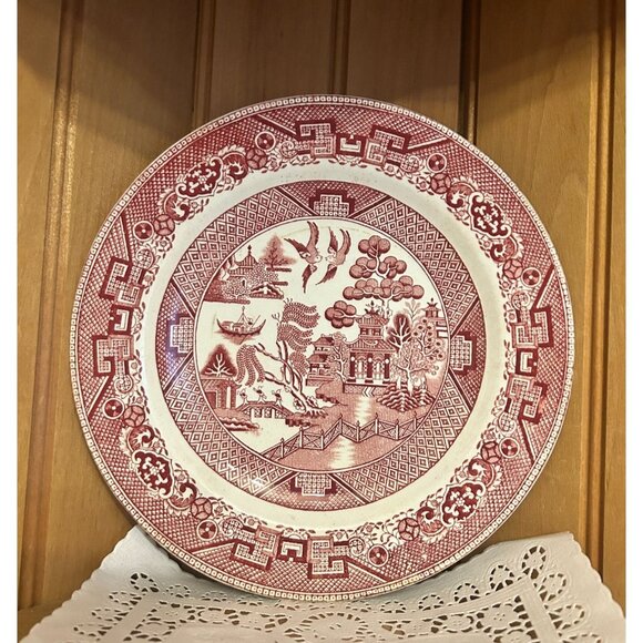 Antique Clarice Cliff Semi China Red Willow Pink White Transferware Lunch Plate - Picture 1 of 4